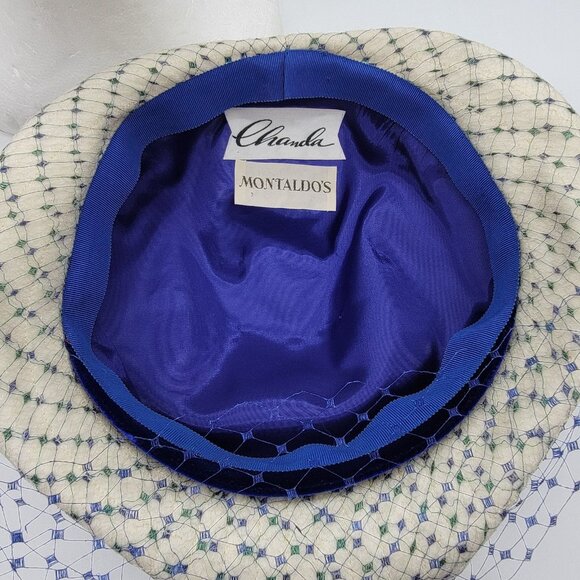 Chanda‎ Hat For Montaldos 50/60’s Fancy Hat With Mesh Face Cover Blue Ivory